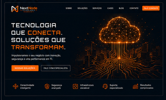 Aplicação visual da NextNode Tecnologia com nuvem digital e circuitos em laranja